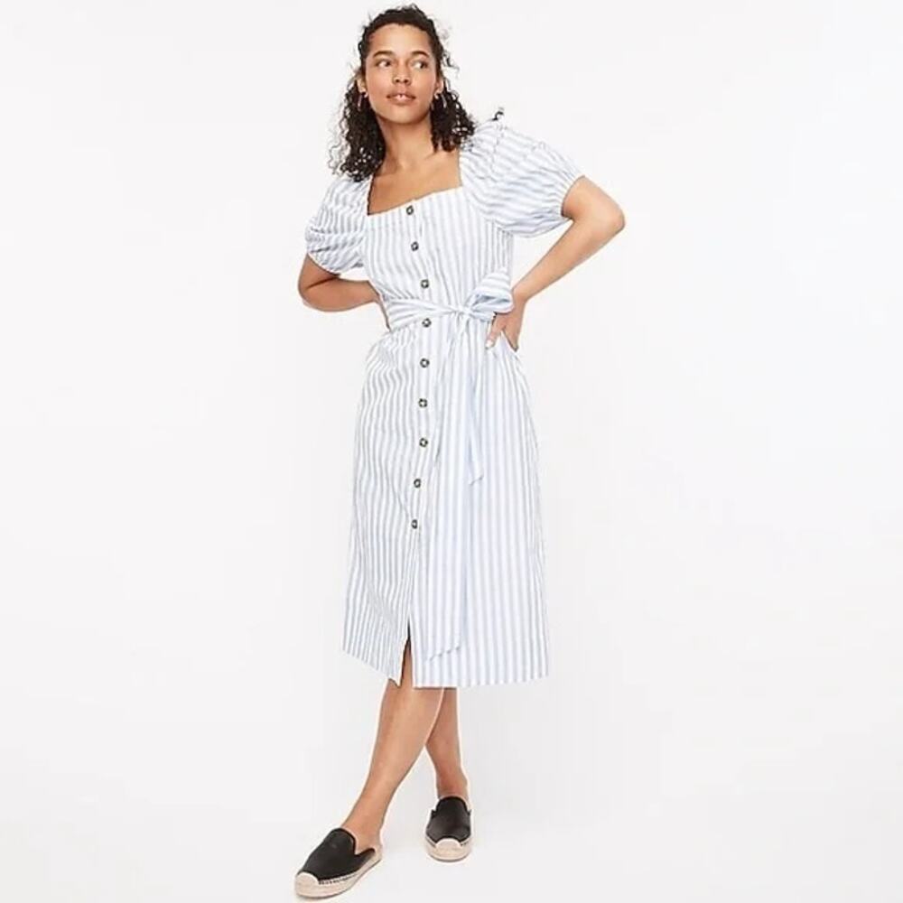 J Crew Harborfront Carol Stripe Button Down Cotton Puff Sleeve MIDI Dress (XL) - Picture 2 of 16